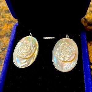 White Mother-Of-Pearl Hand Carved Rose Rhodium Over Sterling Silver Earrings